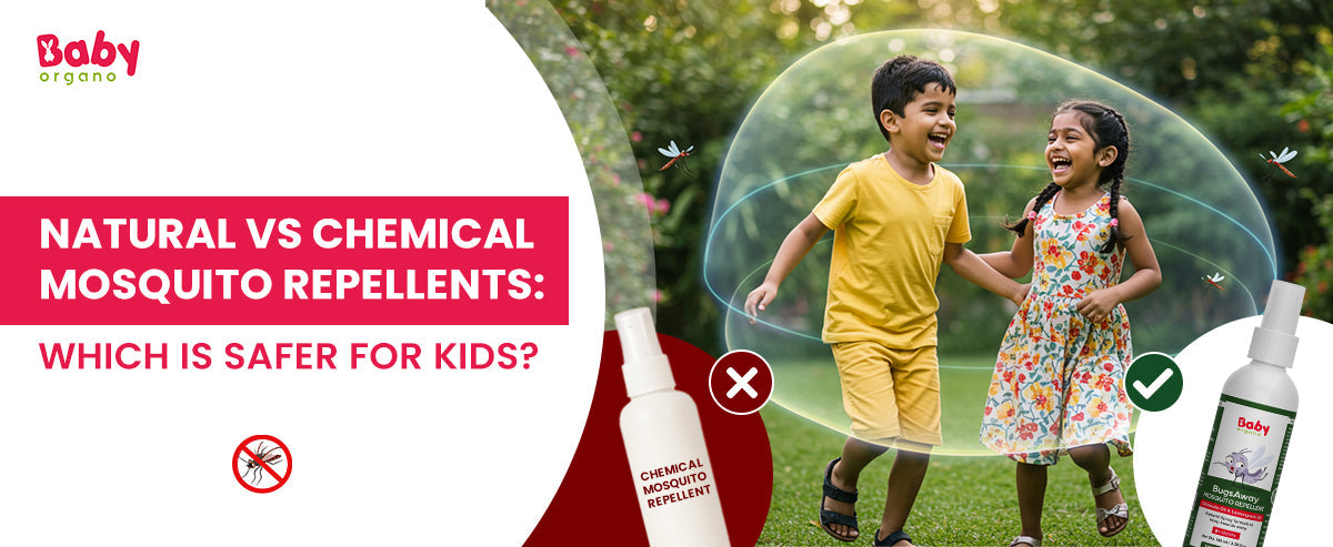Two kids playing safely with natural mosquito repellent, comparing chemical vs natural repellent protection for children