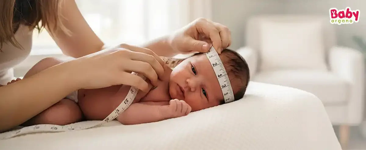 Mother measuring newborn baby head circumference with measuring tape — WHO growth chart guide by BabyOrgano