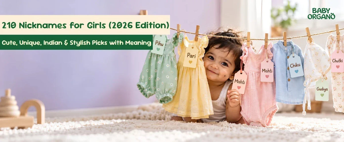 BabyOrgano blog banner titled 210 Nicknames for Girls (2026 Edition) featuring a smiling baby girl behind baby clothes with name tags like Pihu, Pari, and Mishti.