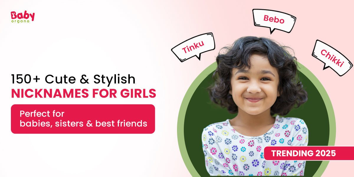 Blog banner for nicknames for girls – cartoon baby girl with speech bubbles (Bebo, Angel, Chikki)