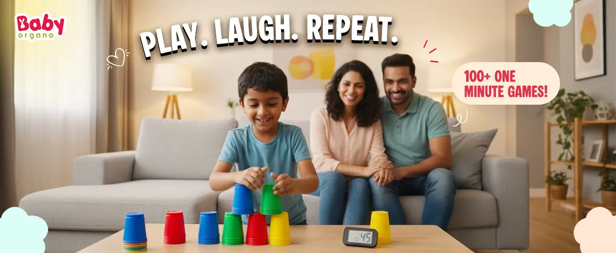 Happy family playing one-minute cup stacking game at home – BabyOrgano promotes fun, learning, and togetherness through 100+ one-minute games for kids in 2025