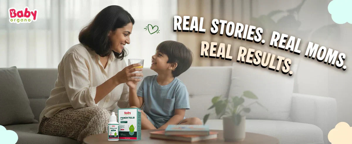 A mother smiling while giving her child a glass of water alongside BabyOrgano Panch Tulsi Drops, representing real mom experiences and natural Ayurvedic results.