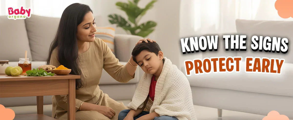 Mother caring for a tired child showing early signs of weak immunity, promoting awareness and Ayurvedic protection