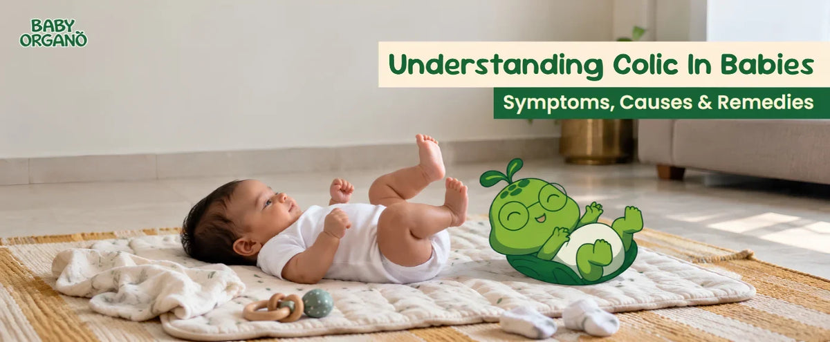 Understanding infant colic, featuring a happy baby lying on a play mat with a joyful mascot Oru and the text symptoms causes and remedies.