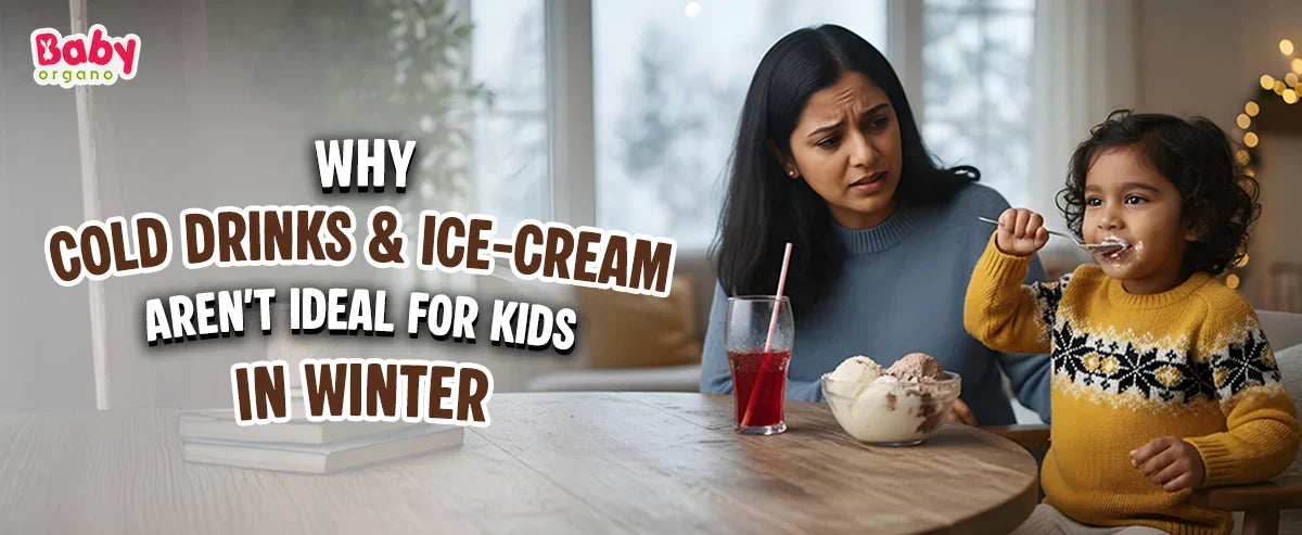 Mother stopping her child from eating ice cream and drinking cold beverages during winter to prevent cough and cold