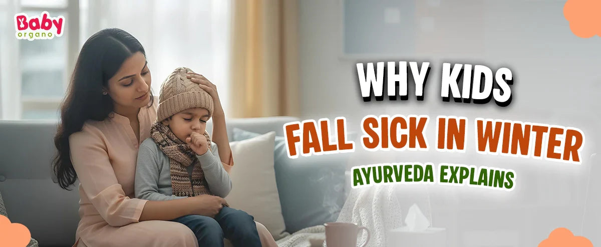 Mother comforting her child suffering from cough and cold during winter, explained through Ayurveda