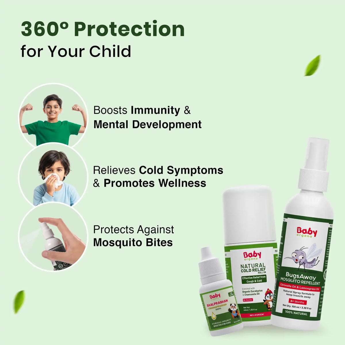 Kid's Overall Protection Combo for Kids| Swarnaprashan Drops + Mosquito Repellent Spray + Natural Cold Relief Roll-On