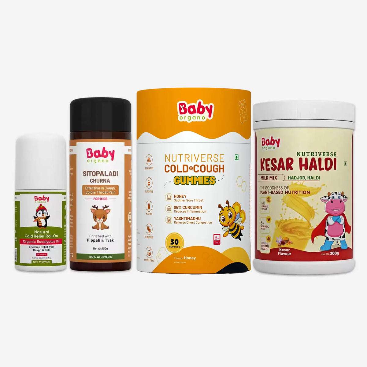 Cold Wellness Combo for Kids | Cold & Cough Gummies + Sitopaladi Churna + Cold Roll-On + Kesar Haldi Milk Mix