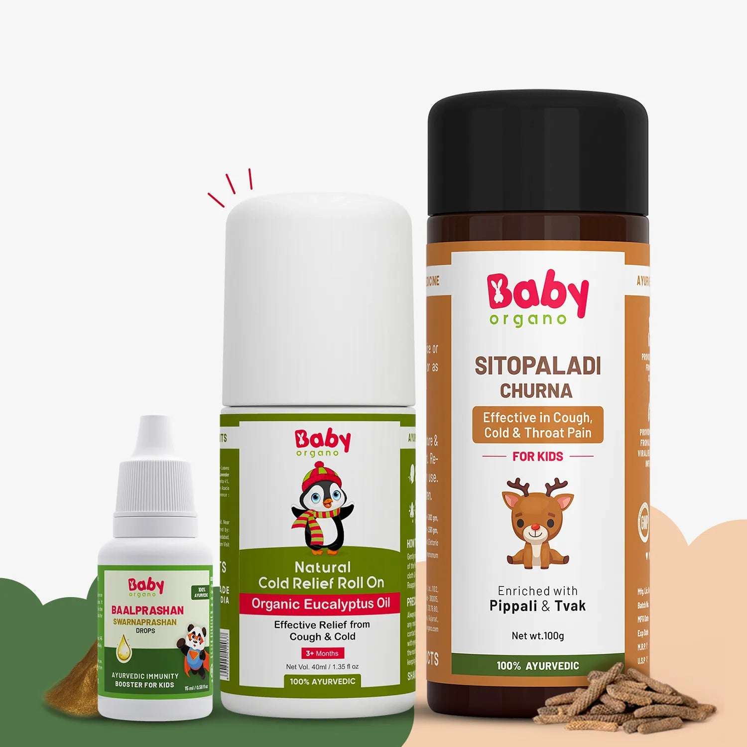Cold & Cough Defense Combo for Kids | Suvarnaprashan Drops + Cold Roll On + Sitopaladi | Strong Immunity + Effective Cold & cough Solution | Overall health care combo for kids