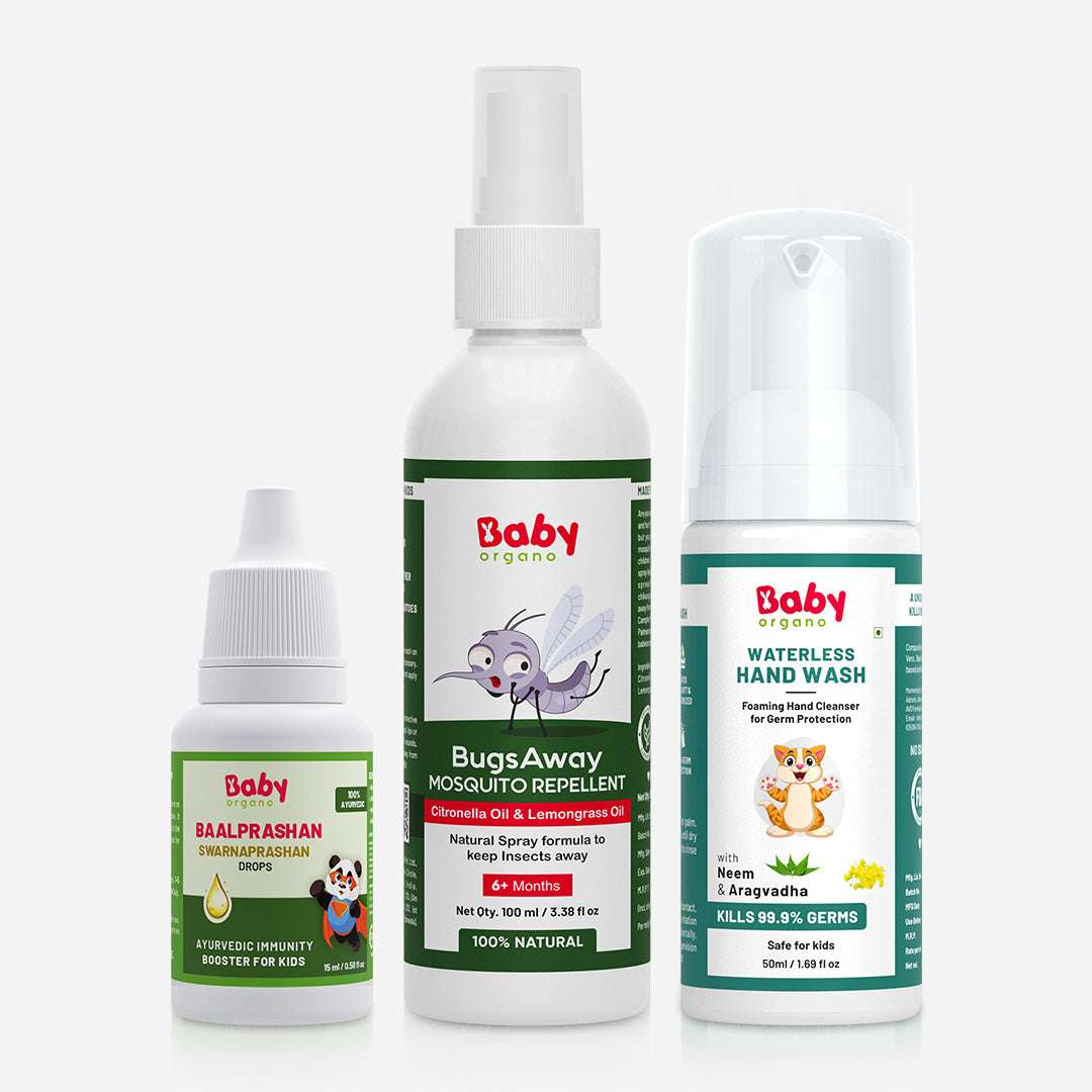 Complete Monsoon Care Combo for Kids | Suvarnaprashan Drops + Waterless Hand Wash + BugsAway Mosquito | Increased Immunity + Gentle cleaning + Safety from mosquitoes