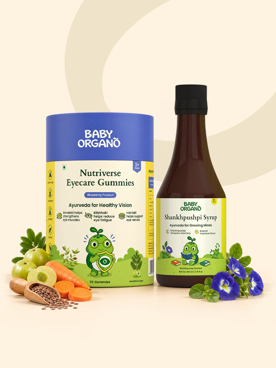 Brain Booster & Eye Care Combo for Kids | Nutriverse Eye Care Gummies (30 Gummies/Pack) + Shankhpushpi Syrup