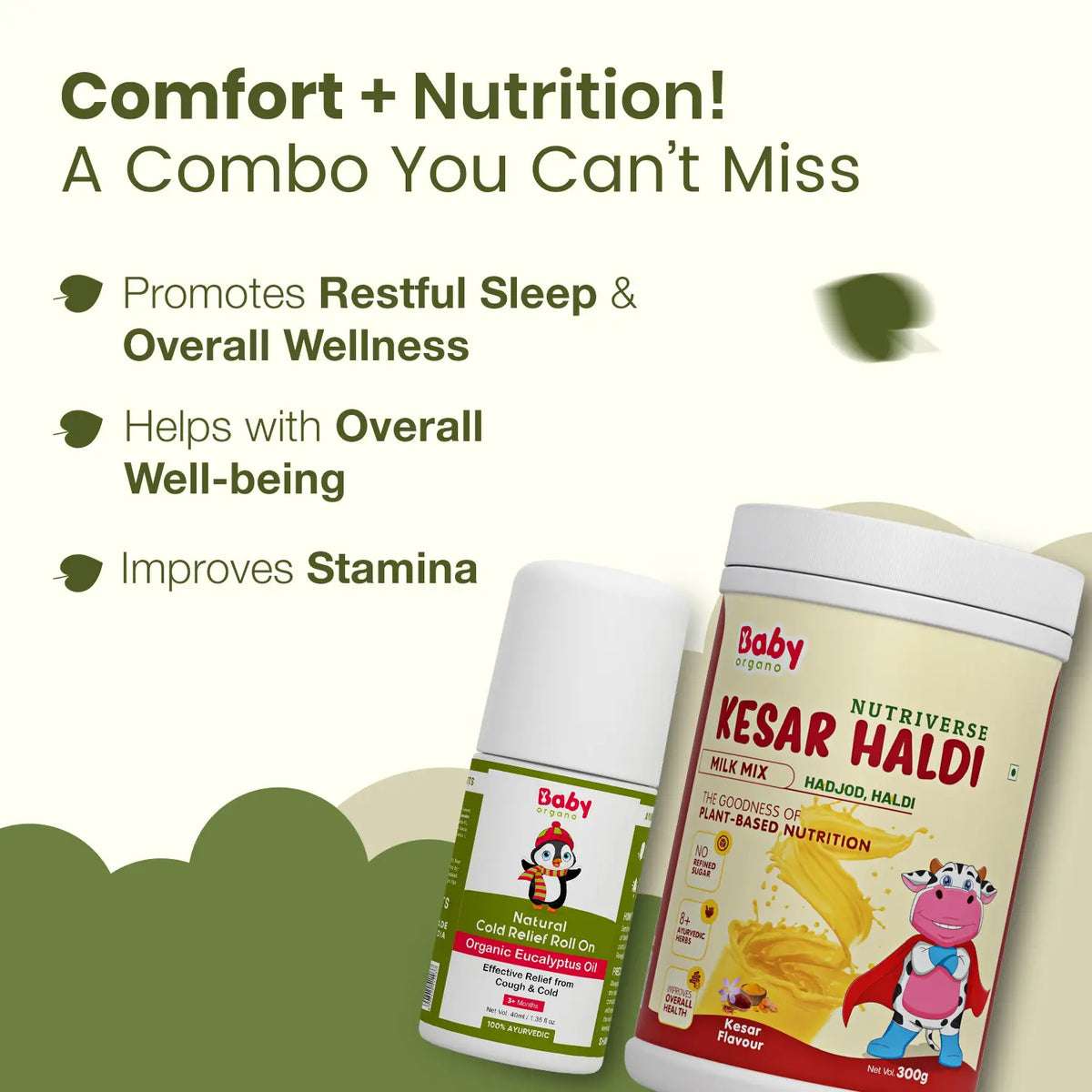 Immunity, Growth, & Cold Relief Combo | Nutriverse Kesar Haldi Milk Mix & Natural Cold Relief Roll On | Supports immunity | Mess-free cold relief for kids
