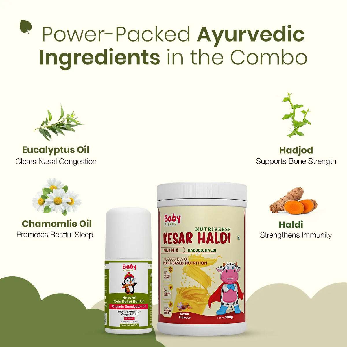 Immunity, Growth, & Cold Relief Combo | Nutriverse Kesar Haldi Milk Mix & Natural Cold Relief Roll On | Supports immunity | Mess-free cold relief for kids