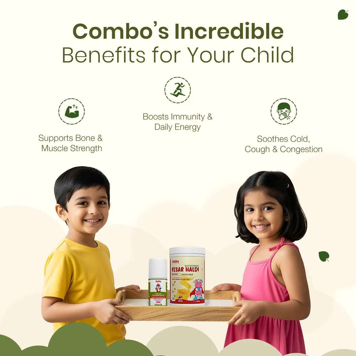 Immunity, Growth, & Cold Relief Combo | Nutriverse Kesar Haldi Milk Mix & Natural Cold Relief Roll On | Supports immunity | Mess-free cold relief for kids