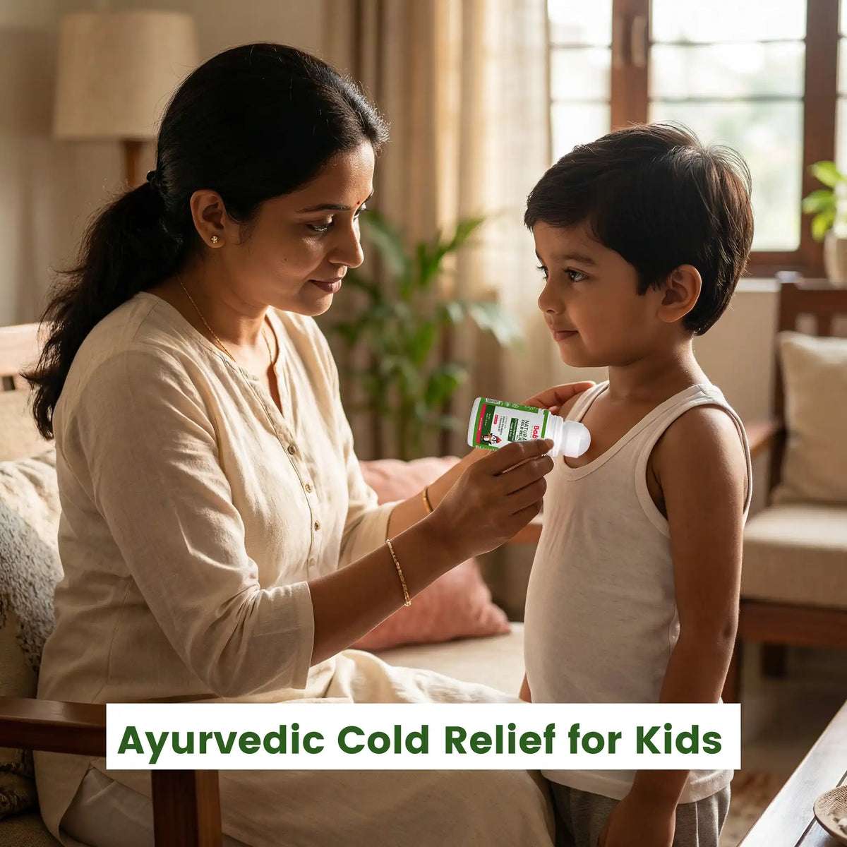 Mother applying Ayurvedic Natural Cold Relief Roll On to a child's chest, demonstrating the safe and gentle application for kids.