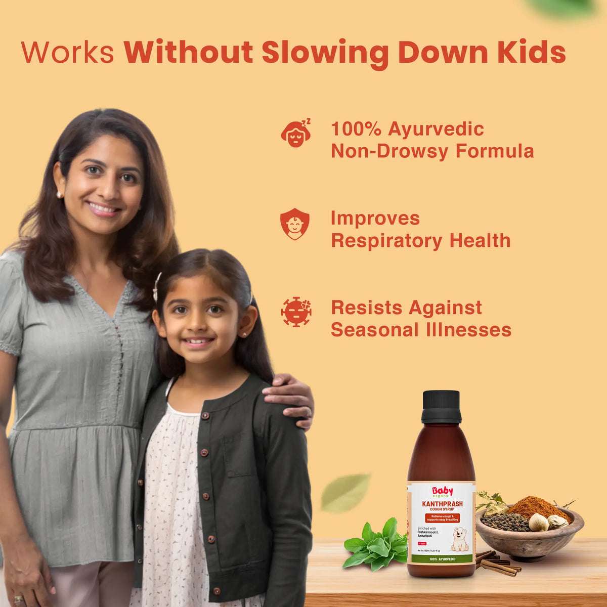Ayurvedic non-drowsy cough syrup for kids – improves respiratory health and protects against seasonal illnesses.