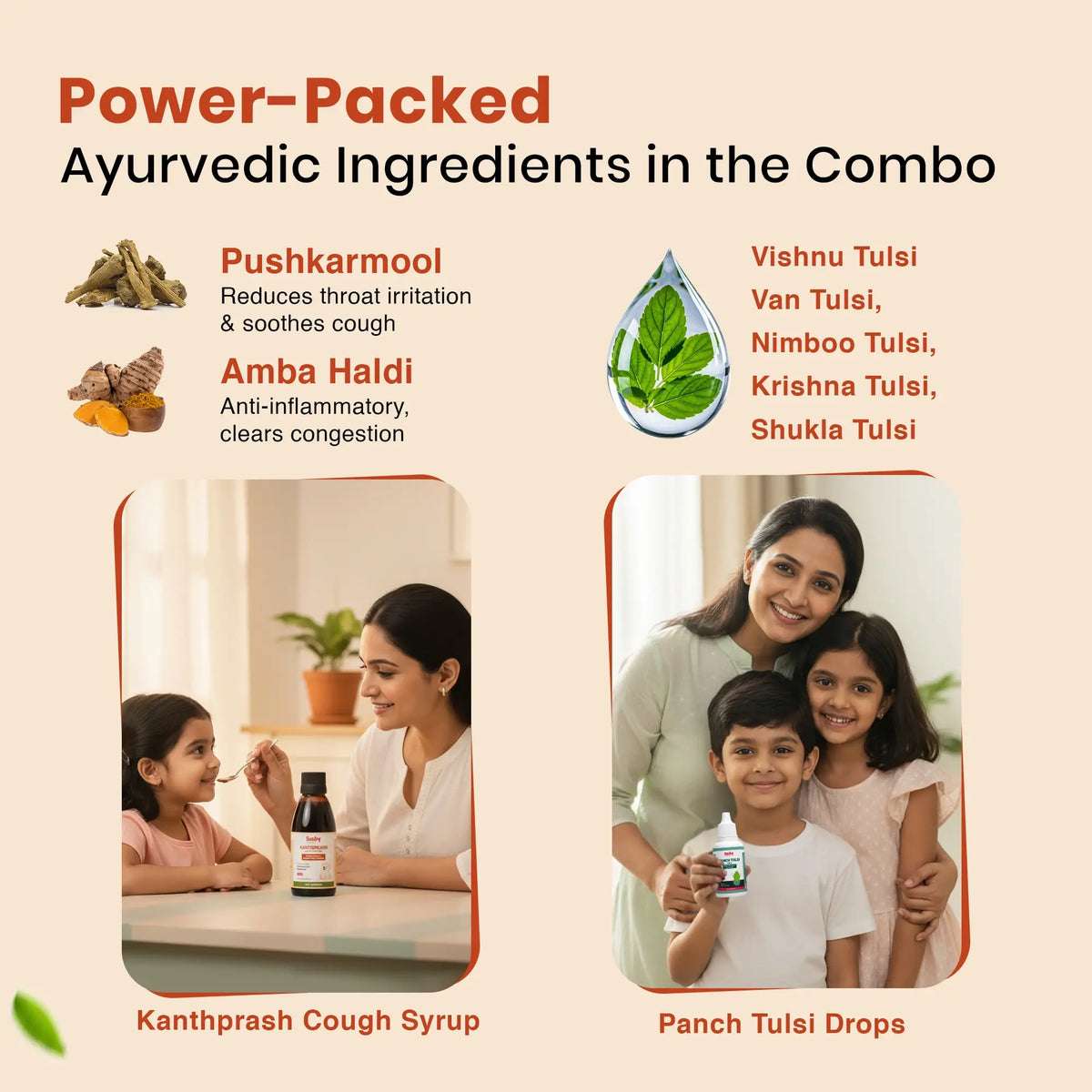 List of power-packed Ayurvedic ingredients in BabyOrgano combo, featuring Pushkarmool, Amba Haldi, and five types of Tulsi for natural immunity.