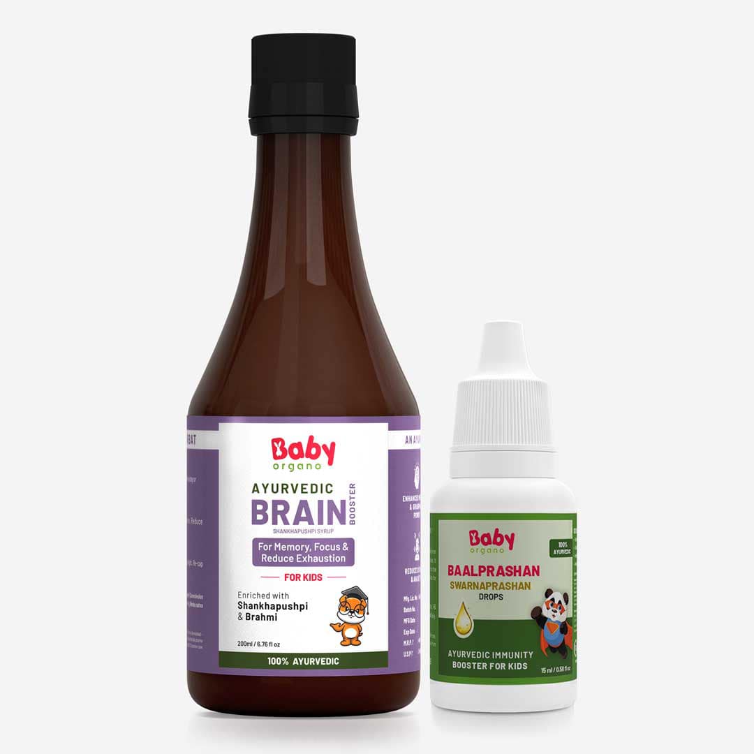 BabyOrgano Best Brain Booster Combo For Kids | Swarnaprashan Drops (15ml) + Ayurvedic Brain Booster Shankhpushpi Syrup (200ml)