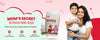 Mother hugging happy child with BabyOrgano Baalprashan and Chocovita – Tasty nutrition and immunity booster for kids