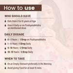 Dosage instructions for Baalprashan Swarnaprashan drops for kids aged 0 to 15 years.