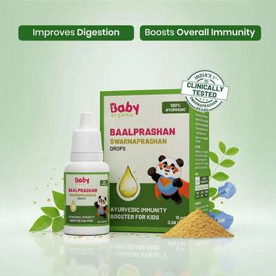 BabyOrgano Baalprashan Swarnaprashan drops packaging box and bottle with 24K pure gold