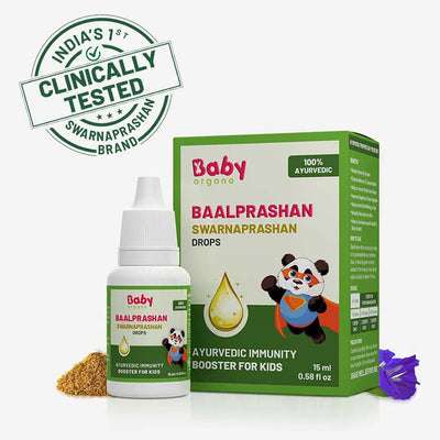 Baalprashan Swarnaprashan Drops – 100% Ayurvedic immunity booster for kids & babies (0–15 years) featuring Swarna Bhasma 24 ct gold ash, Shankhpushpi, Brahmi, and Vacha.