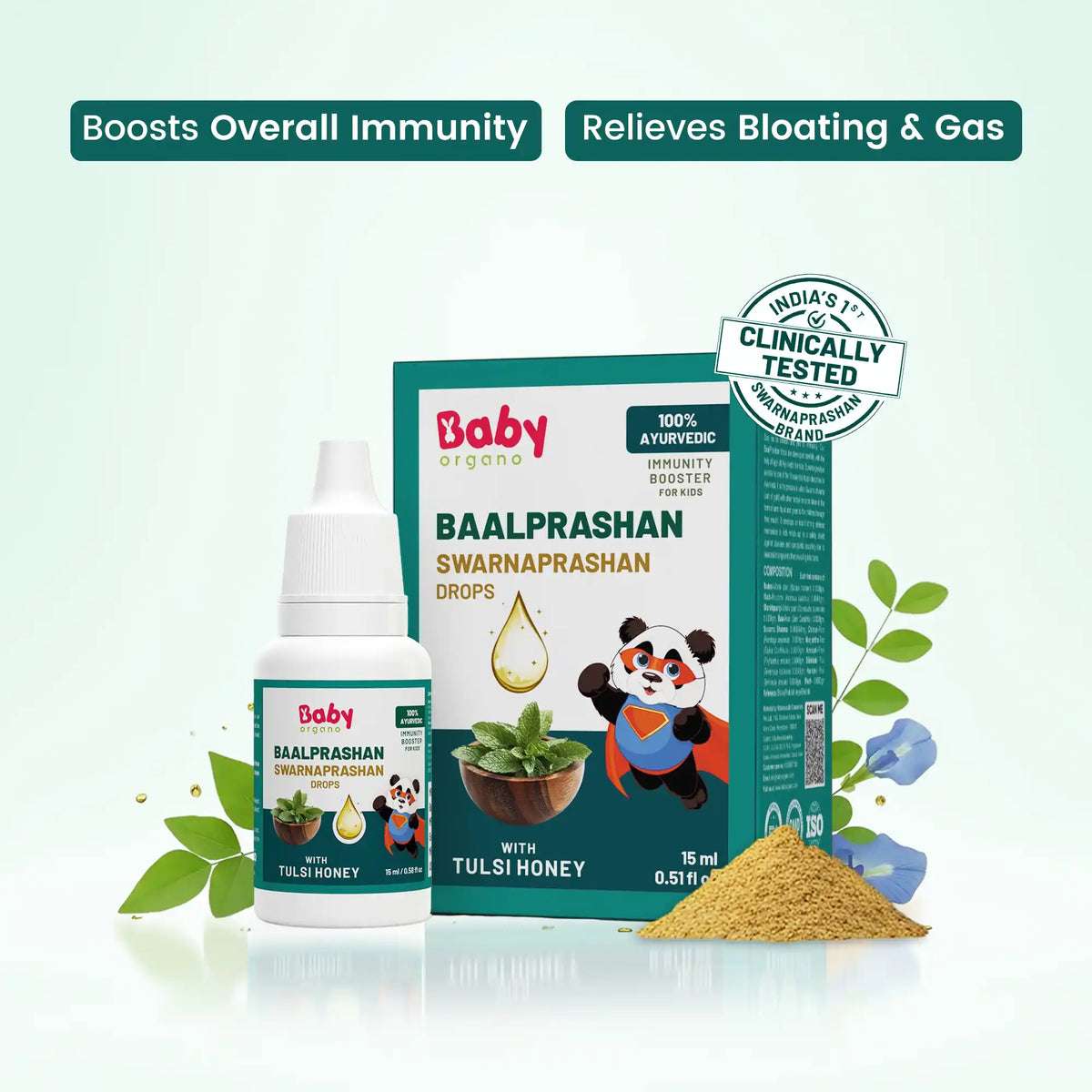 BabyOrgano Baalprashan Swarnaprashan Drops with Tulsi Honey for kids immunity and cold relief.