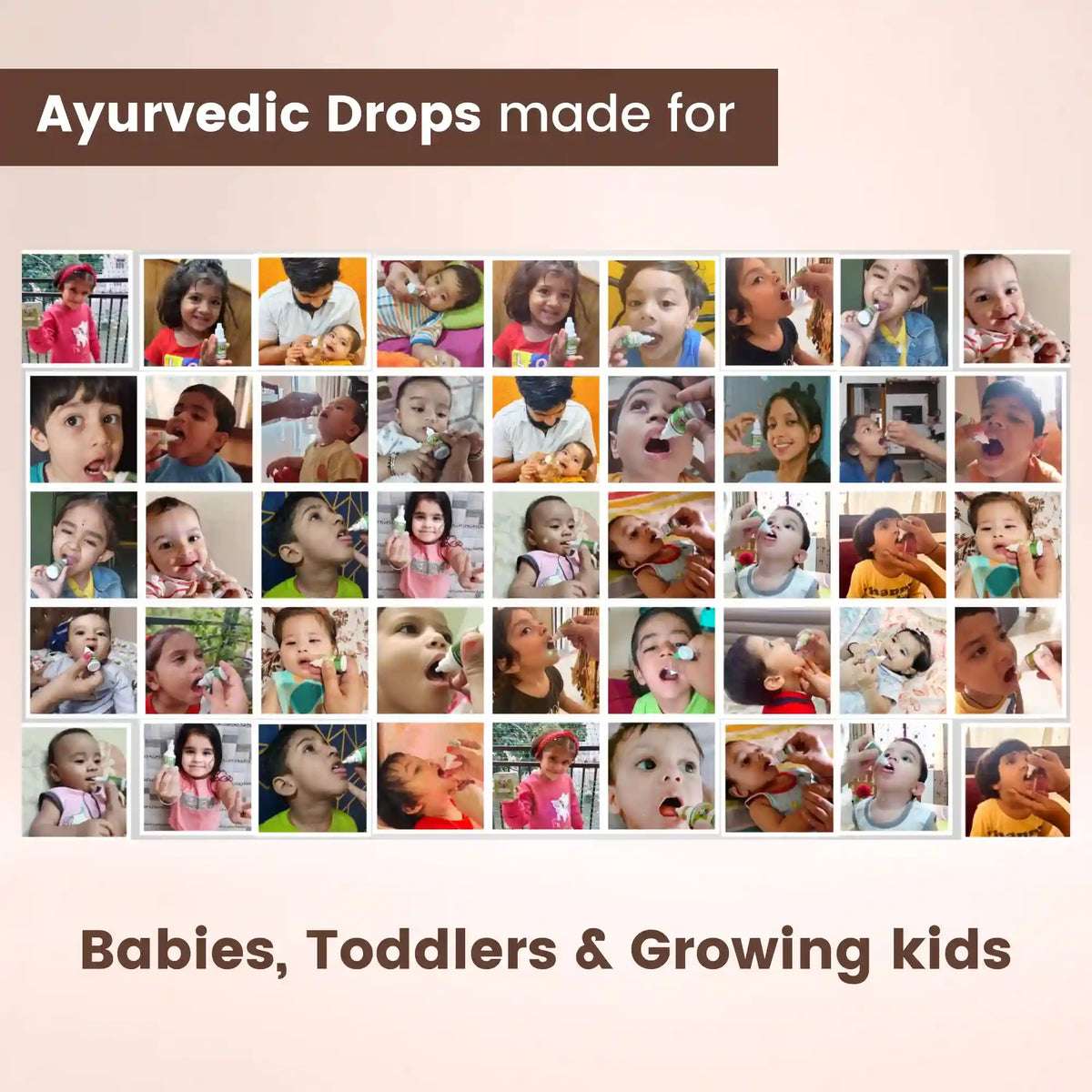 Collage of happy babies and toddlers taking BabyOrgano Baalprashan Swarnaprashan Ayurvedic drops daily.