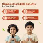 Infographic showing the benefits of BabyOrgano Cold and Cough Combo for children, highlighting relief from throat irritation, chest congestion, and protection against seasonal infections.