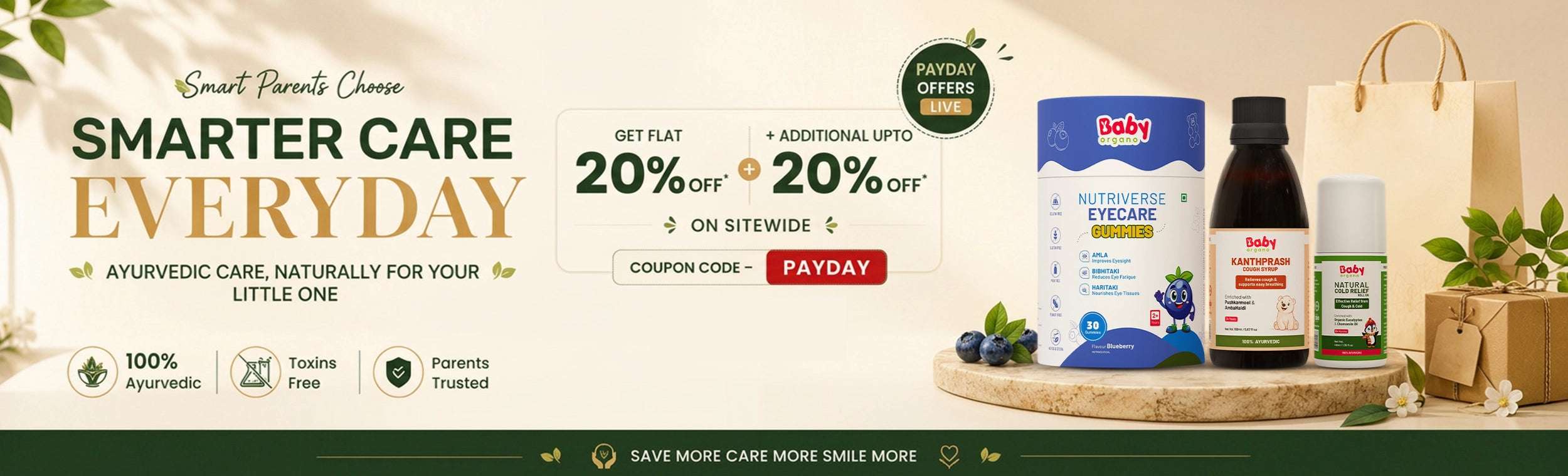 BabyOrgano Payday Sale banner showing a flat 20% discount on Ayurvedic kids' wellness products with coupon code PAYDAY.