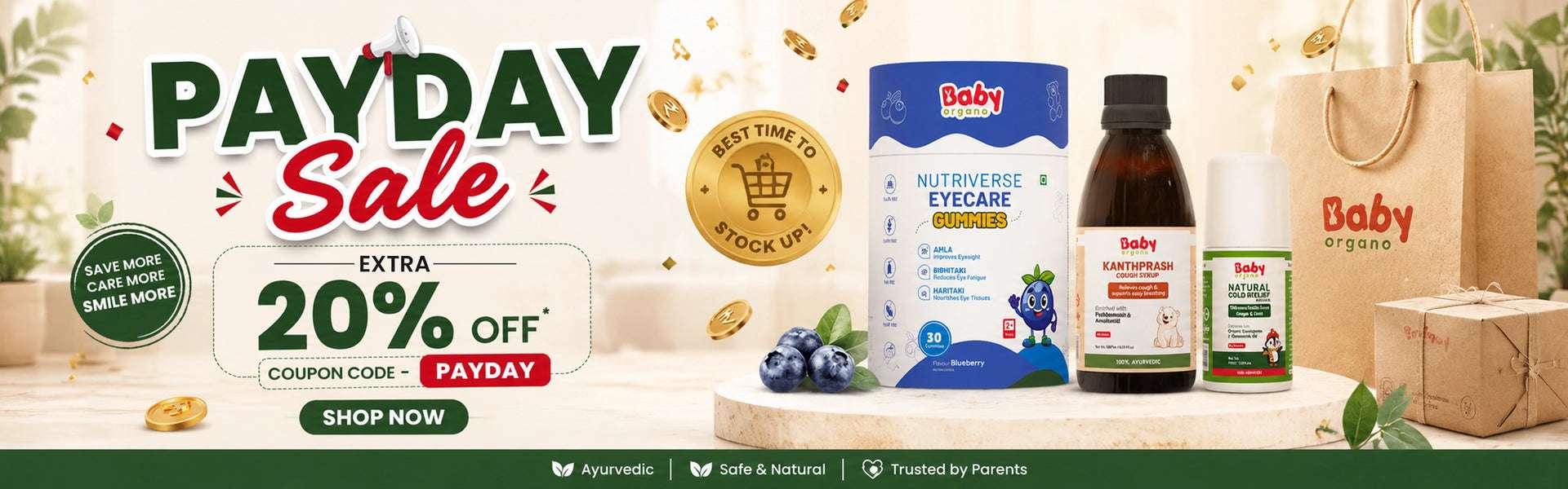 BabyOrgano Payday Sale banner showing a flat 20% discount on Ayurvedic kids' wellness products with coupon code PAYDAY.