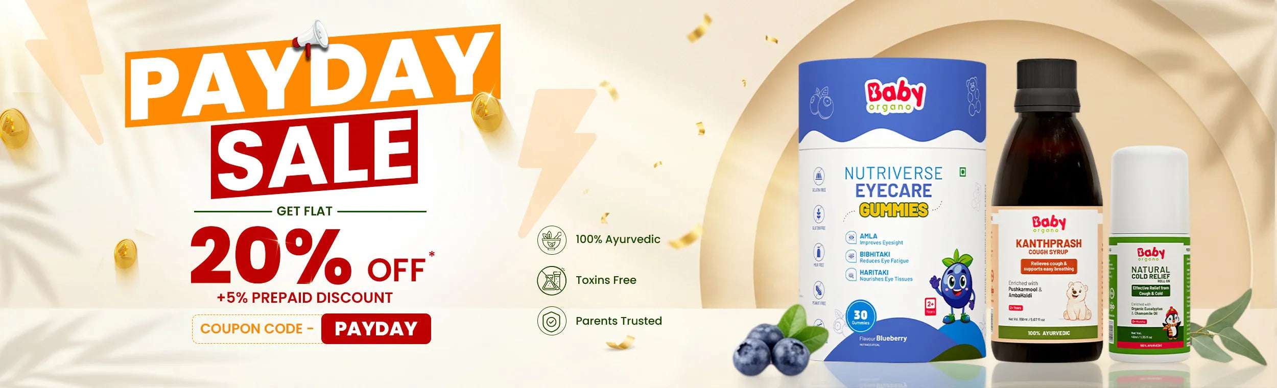 BabyOrgano Payday Sale banner showing a flat 20% discount on Ayurvedic kids' wellness products with coupon code PAYDAY.