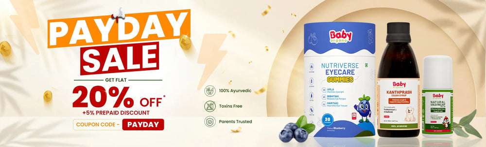 
                BabyOrgano Payday Sale banner showing a flat 20% discount on Ayurvedic kids' wellness products with coupon code PAYDAY.
             