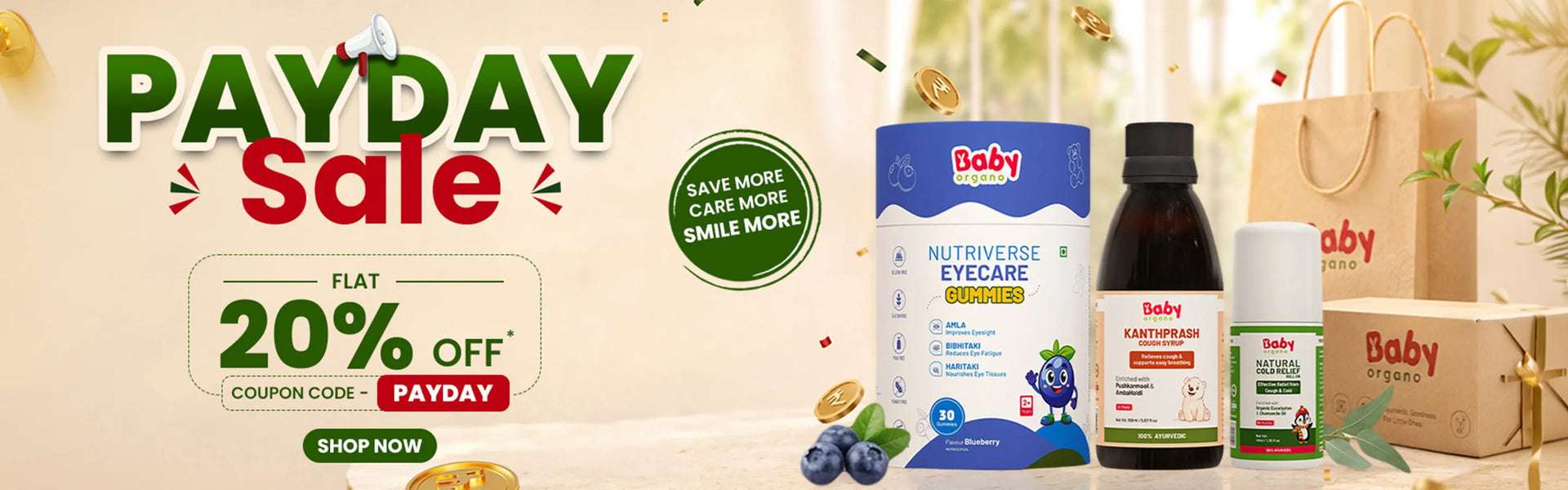 BabyOrgano Payday Sale banner showing a flat 20% discount on Ayurvedic kids' wellness products with coupon code PAYDAY.