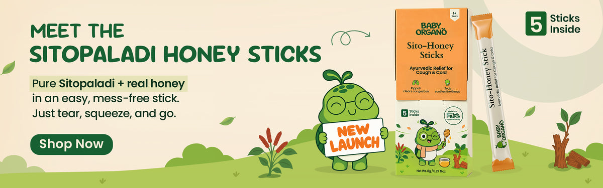 Baby Organo Sitopaladi Honey Sticks launch banner showing 5 mess-free sticks with pure Sitopaladi and honey for kids' cough and cold relief.
