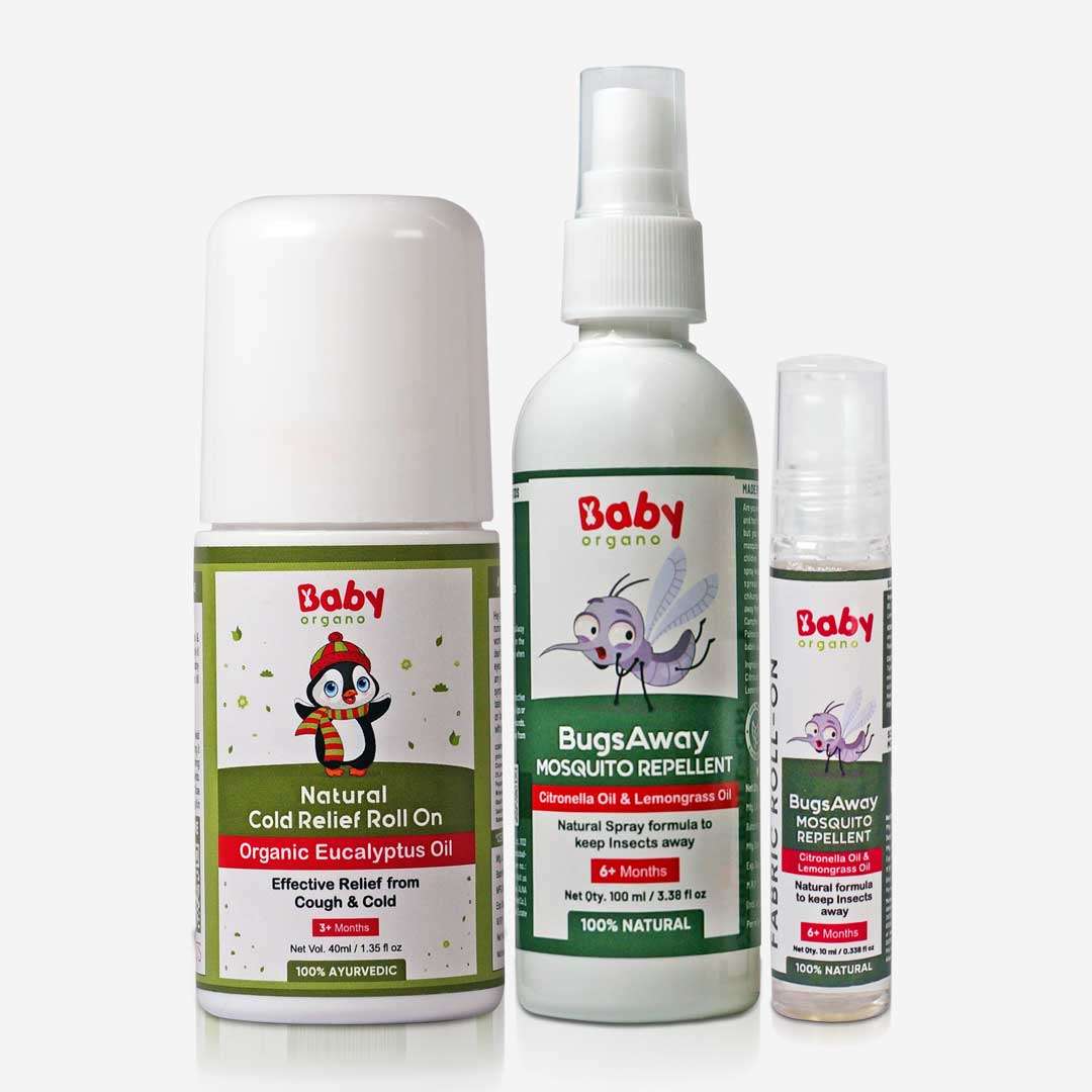 Babyorgano Mosquito and Cold Protection Combo for kids | Natural Cold Roll Relief on (40ml) + Mosquito Repellent Spray (100ml) + Mosquito Repellent Fabric Roll on (10ml)