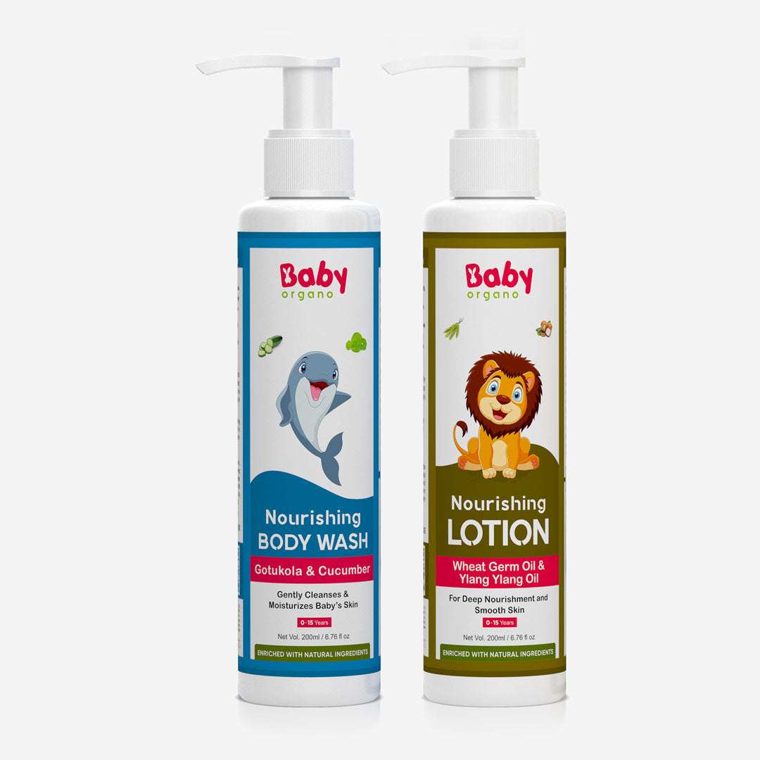 BabyOrgano Dry Skin Care Combo for Kids | Gentle Baby Wash (200ml) + Nourishing Baby Lotion (200ml) | 100% Ayurvedic