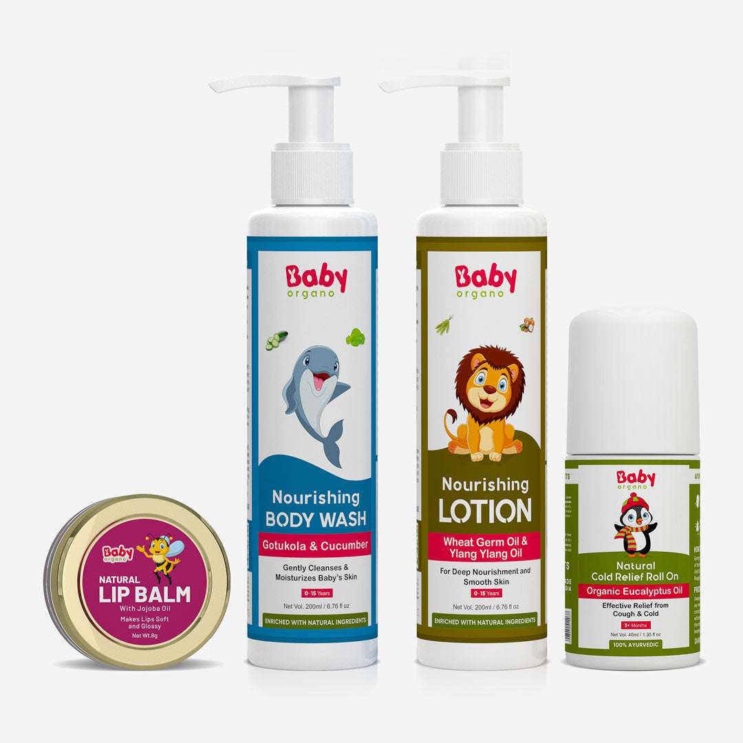 BabyOrgano Winter Baby Essential Combo | Cold Roll-on + Body Lotion + Baby Wash + Lip Balm | Winter Combo for Babies | 100% Ayurvedic