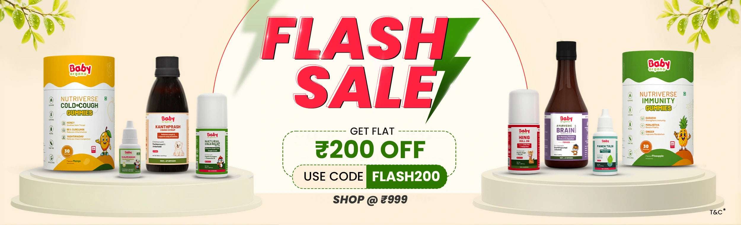 BabyOrgano flash sale offering flat 200 rupees off on a wide range of Ayurvedic baby care products, including immunity gummies, cough syrup, and cold relief rolls.