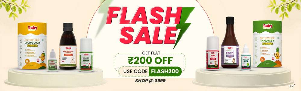 
                BabyOrgano flash sale offering flat 200 rupees off on a wide range of Ayurvedic baby care products, including immunity gummies, cough syrup, and cold relief rolls.
             