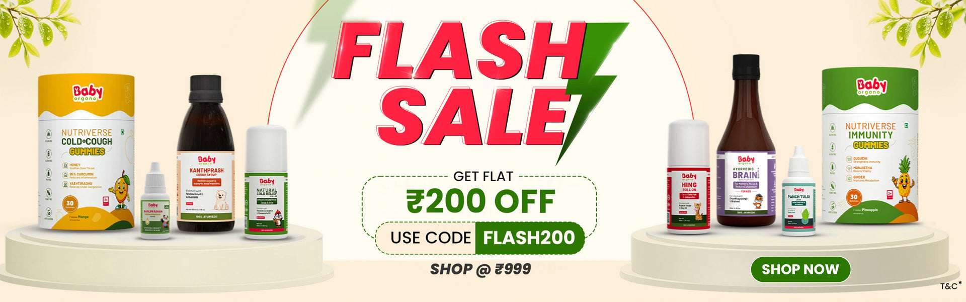 BabyOrgano flash sale offering flat 200 rupees off on a wide range of Ayurvedic baby care products, including immunity gummies, cough syrup, and cold relief rolls.