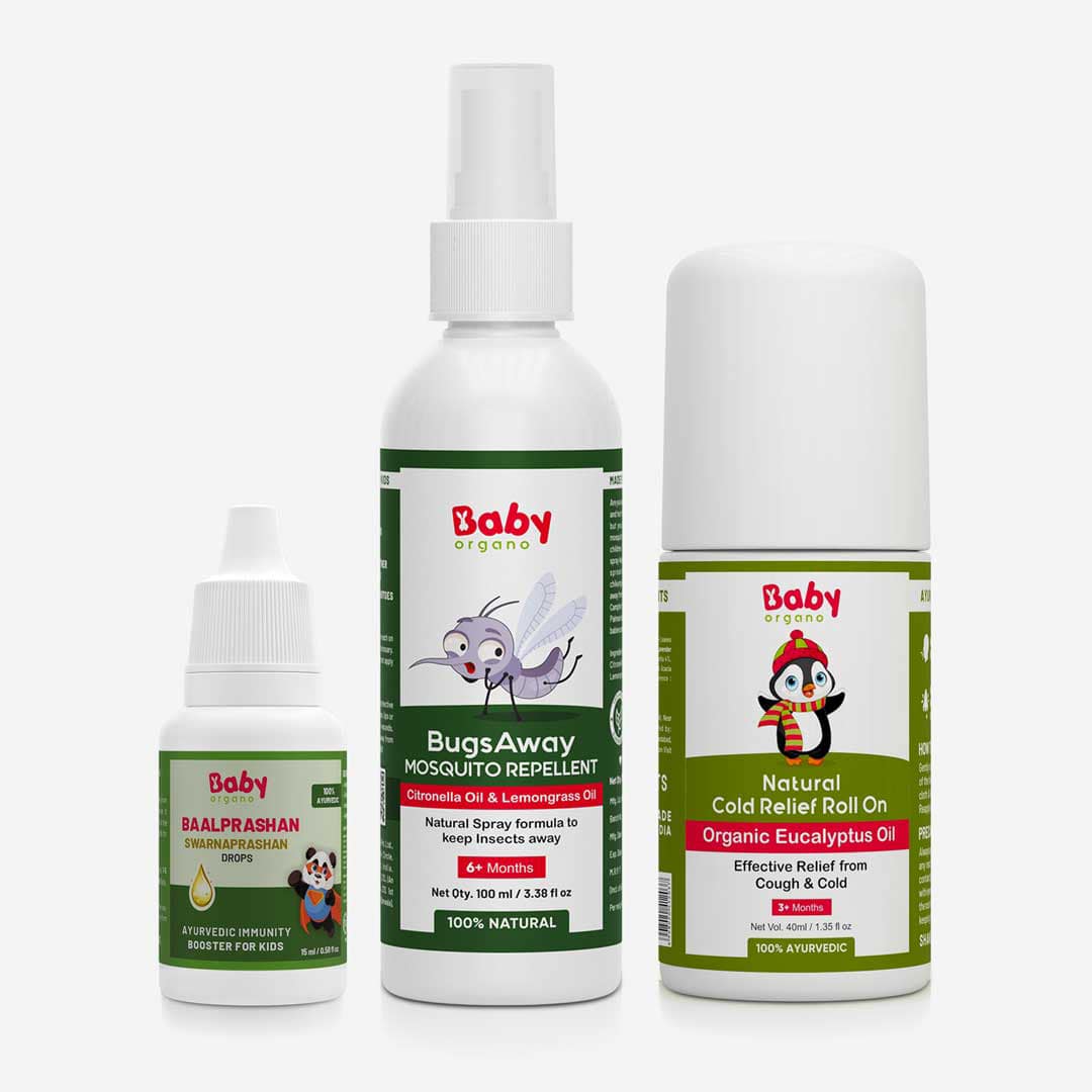 BabyOrgano Kid's Overall Protection Combo | Swarnaprashan Drops + Mosquito Repellent Spray + Cold Roll on | Safe for Kids