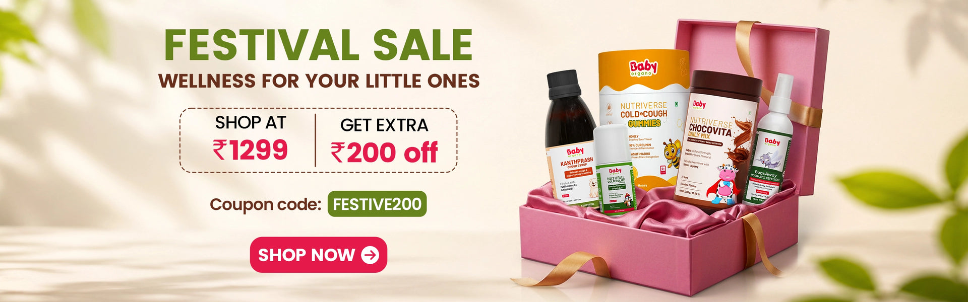 BabyOrgano Festival Sale promotional banner offering extra RS 200 off on orders above RS 1299 using coupon code FESTIVE200 with kids Ayurvedic wellness gift box