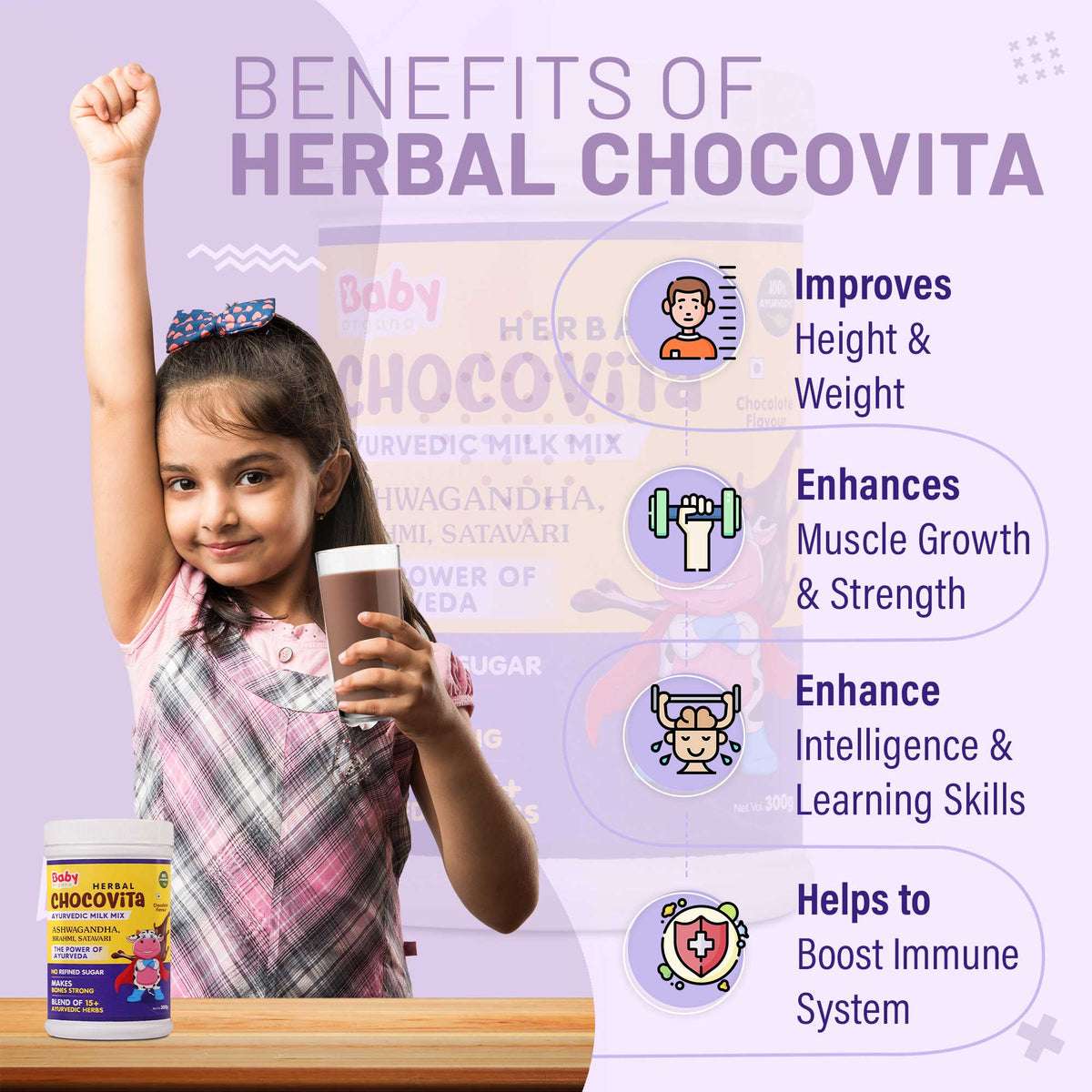 BabyOrgano Kids Immunity and Height & Weight Gain Combo | Swarnaprashan Drops + Herbal Chocovita | Best for Kid's Overall Development