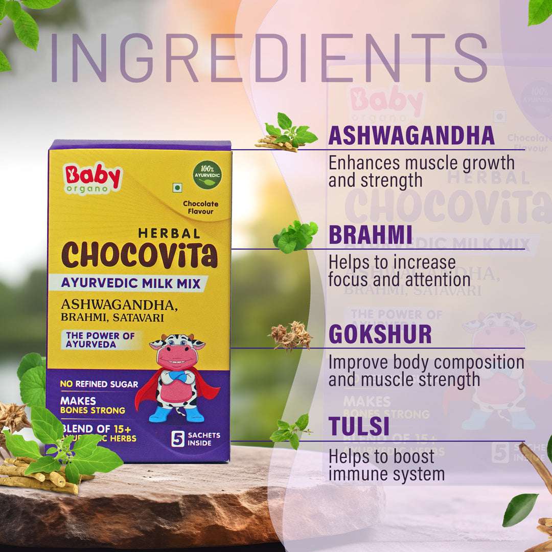 BabyOrgano Swarnaprashan drops, Roll on & Chocovita milk mix combo | Swarnaprashan Drops + Cold Roll on + Herbal Chocovita - Trial Pack of 5