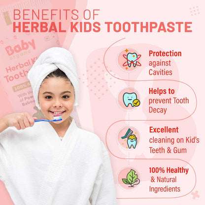 BabyOrgano Ayurvedic Toothpaste for Kids | Babool, Mulethi & Other Useful Herbs | Strawberry Flavour, Fluoride Free, SLS Free, 100% Ayurvedic, FDCA Approved