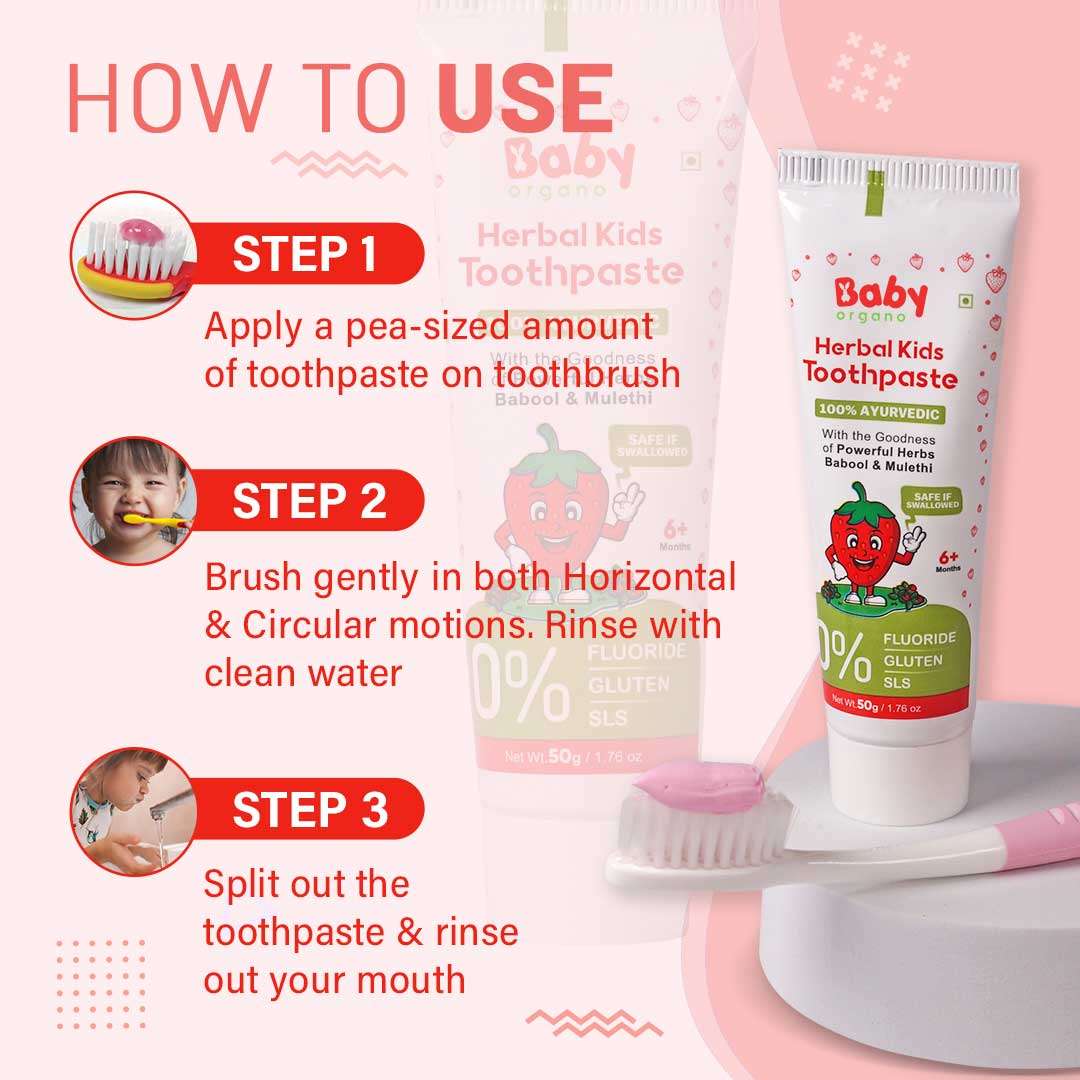 BabyOrgano Ayurvedic Toothpaste for Kids | Babool, Mulethi & Other Useful Herbs | Strawberry Flavour, Fluoride Free, SLS Free, 100% Ayurvedic, FDCA Approved