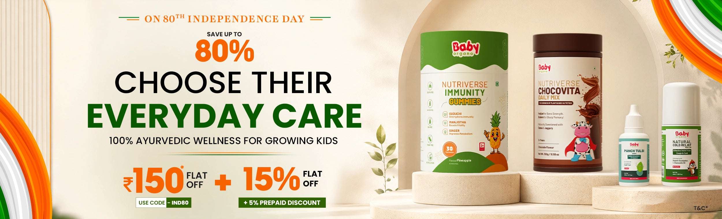 Babyorgano Independence Day Special offer banner featuring kids care products with Flat Rs 150 OFF coupon code IND80