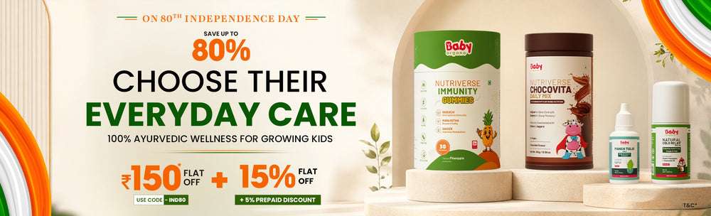 
                Babyorgano Independence Day Special offer banner featuring kids care products with Flat Rs 150 OFF coupon code IND80
             