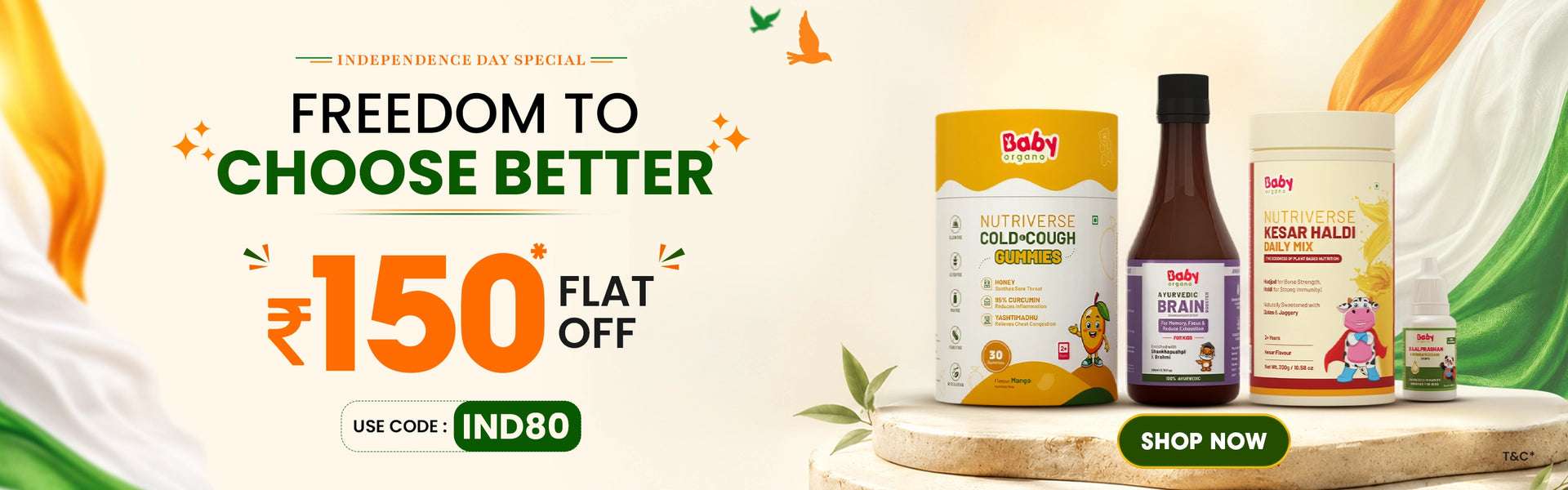 Babyorgano Independence Day Special offer banner featuring kids care products with Flat Rs 150 OFF coupon code IND80